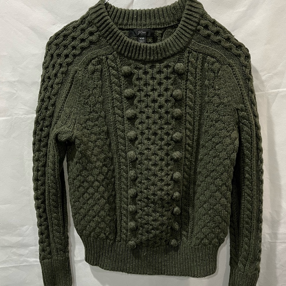 EUC J.Crew Cable Knit Pom Pom Wool Sweater Forrest Green XXS - Picture 2 of 7